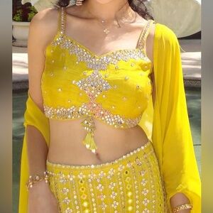 Embellished Yellow Wide-Leg Jumpsuit Set with shrug/Indian dress.